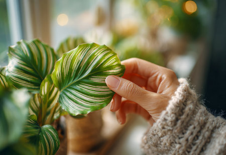 Woman's hand gently touching a beautiful green striped calathea ornata houseplant leafの素材