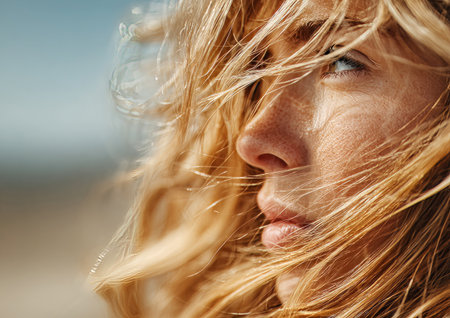 Woman's face glowing with freckles, hair blowing in the wind during a sunny dayの素材