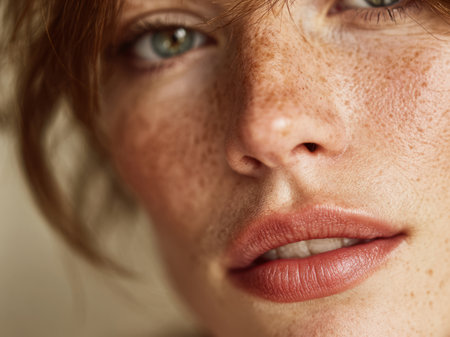 Young woman's face, close up, showing natural freckles, red hair, and green eyesの素材