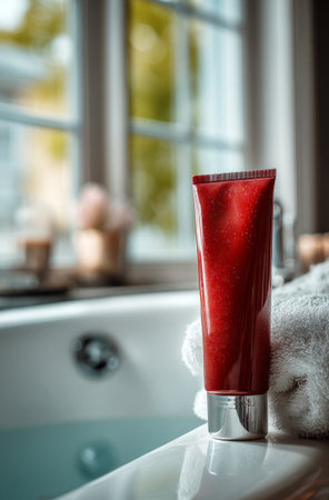 Red bottle of beauty product standing on white bathtub edge with a soft towelの素材