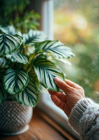 Hand gently touching a green houseplant leaf by a window on a rainy dayの素材