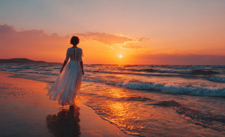 Woman in a white dress walking along the shoreline as the sun sets over the oceanの素材