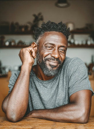 Mature black man with beard looking at camera, smiling, feeling relaxation and happinessの素材