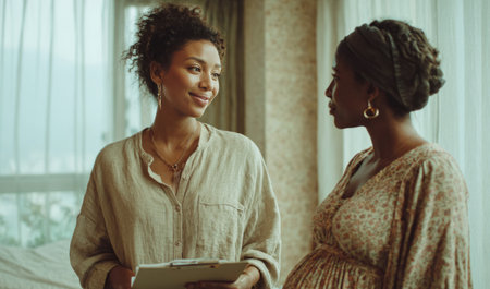 Birthing professional discussing prenatal care with pregnant woman during a home visitの素材