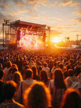 Audience enjoying live performance at outdoor music festival during golden hourの素材