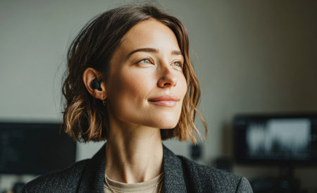 Woman enjoying audio with wireless earbud, smiling and looking awayの素材