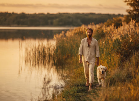 Man and his golden retriever walking barefoot by a lake during golden hourの素材
