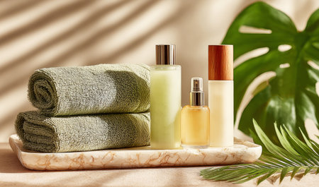 Spa cosmetic products on a marble tray with rolled green towels and tropical leavesの素材