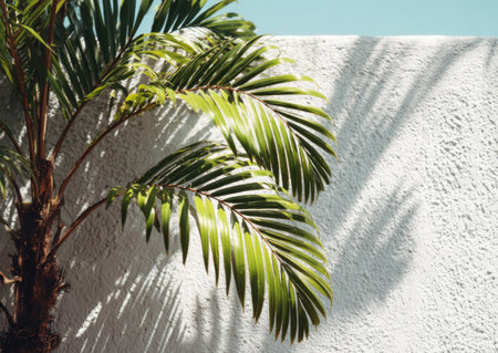 Palm tree fronds with sunlight and shadows against a textured white wallの素材