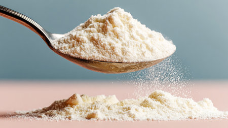 Spoon pouring white powder, creating a fine mound for food or nutritionの素材