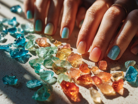 Woman's hand with ombre nail polish touching brightly colored sea glassの素材