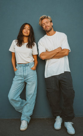 Young man and woman leaning on a wall, posing for the camera with casual styleの素材