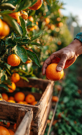 Farmer's hand gently picking ripe oranges from a tree into a wooden crateの素材