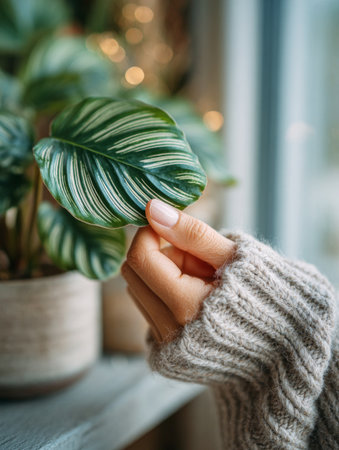 Woman's hand in cozy sweater touching a beautiful houseplant leaf indoorsの素材