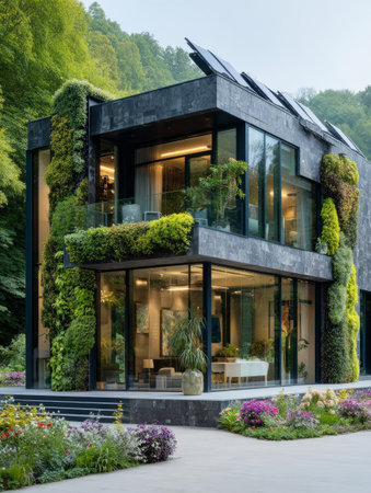 Modern house integration nature, showcasing living walls, solar panels, and a lush gardenの素材