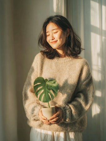 Woman smiling with closed eyes, holding a small potted monstera plant, enjoying warm sunlightの素材