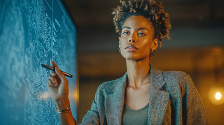 Professional woman pointing at a digital map or graph on a large displayの素材