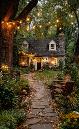 Stone pathway leading to a charming fairytale cottage, illuminated by warm string lights and fall leavesの素材