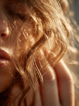 Woman's blonde hair and lips illuminated by golden hour sunlight creating a soft sensual glowの素材