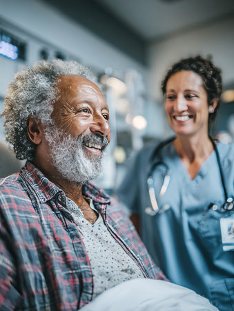 African american senior man smiling while talking to a female nurse in a hospital roomの素材