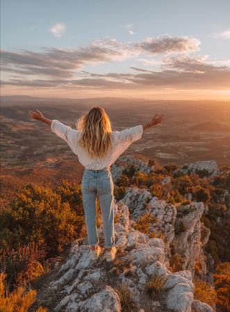 Woman standing on a mountain peak with arms outstretched, experiencing freedom during sunsetの素材