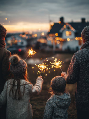 Family members holding sparklers, celebrating together during evening holidaysの素材