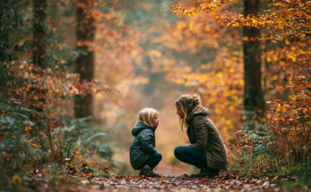 Mother and daughter crouching, sharing a moment together in a fall woodlandの素材