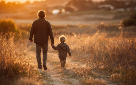 Father and child holding hands, walking on a rural path during golden hourの素材