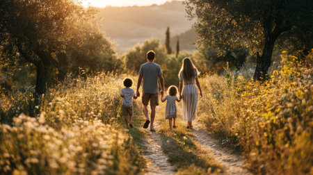 Family walking together on a rural dirt path with warm sunset lightの素材