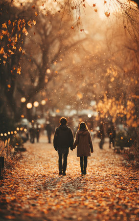 Young couple walking hand in hand on a path covered with autumn leaves, bathed in warm sunlightの素材