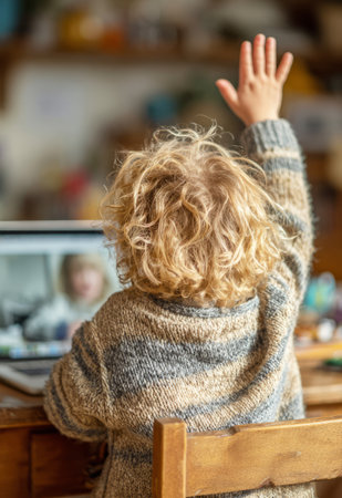Young child participating in a virtual online class, raising hand to ask a questionの素材
