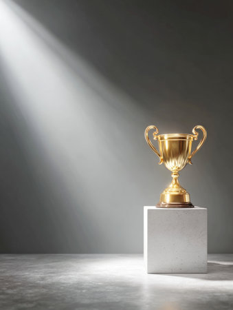 Golden trophy cup placed on a concrete pedestal, illuminated by a spotlight from aboveの素材
