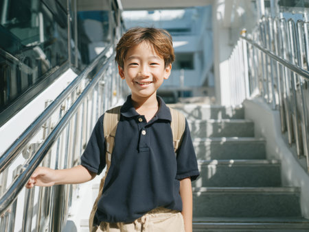 Happy asian boy wearing uniform and backpack, holding handrail on school stairsの素材