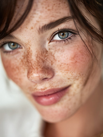 Freckled woman with blue eyes smiling slightly, showing her natural beautyの素材