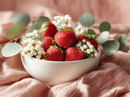 Ripe red strawberries in a ceramic bowl, garnished with eucalyptus leaves and delicate white flowersの素材