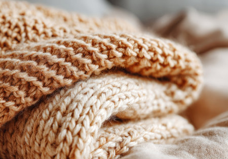 Folded beige knitwear creating a warm and soft textile backgroundの素材