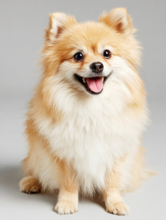 Orange fluffy pomeranian dog sitting, panting with a happy expressionの素材