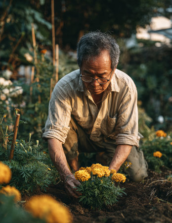Elderly man carefully planting blooming marigold flowers into rich dark soil, gardening as a hobbyの素材