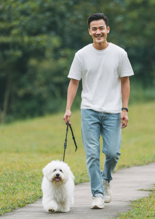 Man smiling, walking with his white domestic dog on a leash outdoorsの素材