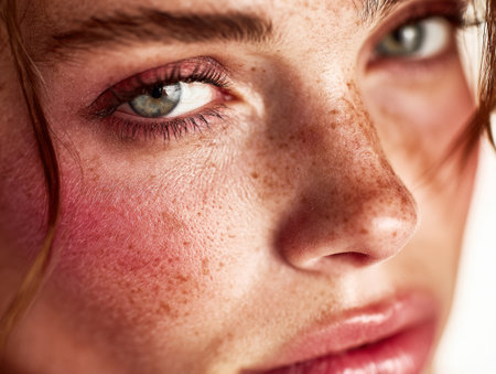 Woman's portrait showing clear skin with freckles and makeupの素材