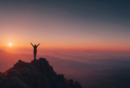 Woman standing on a mountain peak with arms raised, celebrating freedom and achievement at sunriseの素材