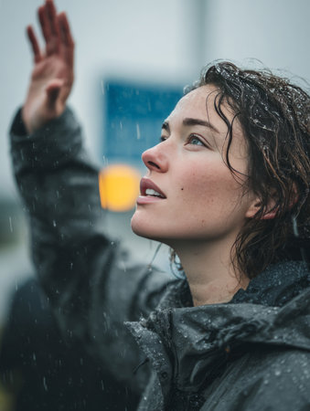 Woman standing in rain feeling water drops on face, hand raised, looking upの素材