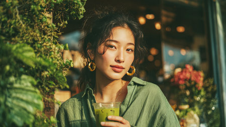 Young asian woman holding a refreshing green tea drink, standing outdoors by green plantsの素材