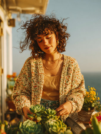 Woman tending her succulent plants on a balcony overlooking the ocean at sunsetの素材