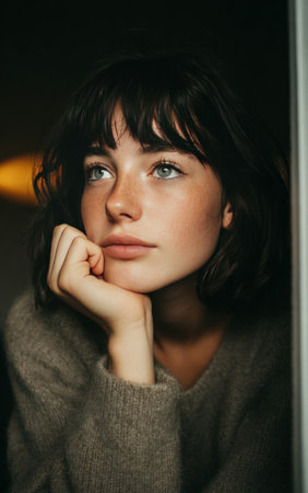 Young woman looking up with a thoughtful expression, resting her chin on her handの素材