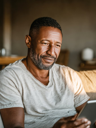 Mature black man sitting comfortably on sofa at home, smiling and using a digital tabletの素材