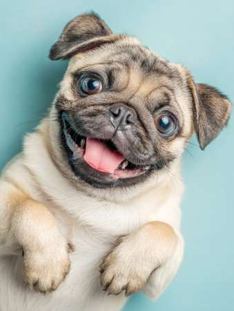 Cute pug dog puppy lying on its back, happily smiling with tongue outの素材