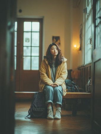 Young asian woman traveler sitting on a wooden bench, waiting pensive with her backpackの素材