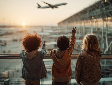 Diverse children looking at an airplane taking off from a terminal windowの素材