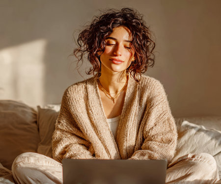 Young woman with curly hair working on her laptop in a cozy bedroomの素材